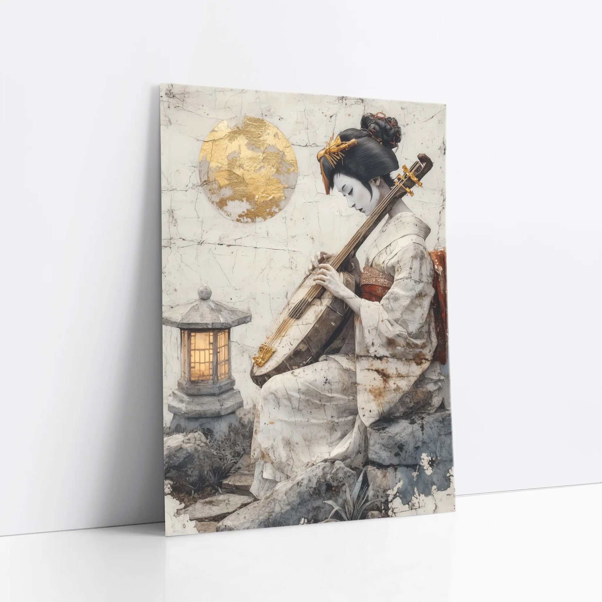 Japanese Geisha Musician Amber Moon Japandi art print
