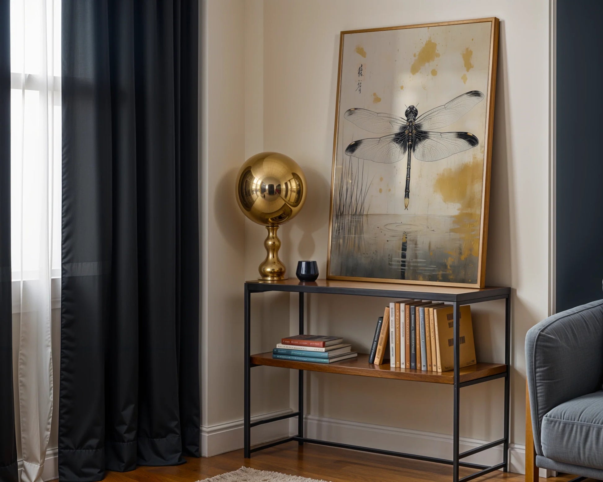Japanese Dragonfly Art Golden Light Reflection in room