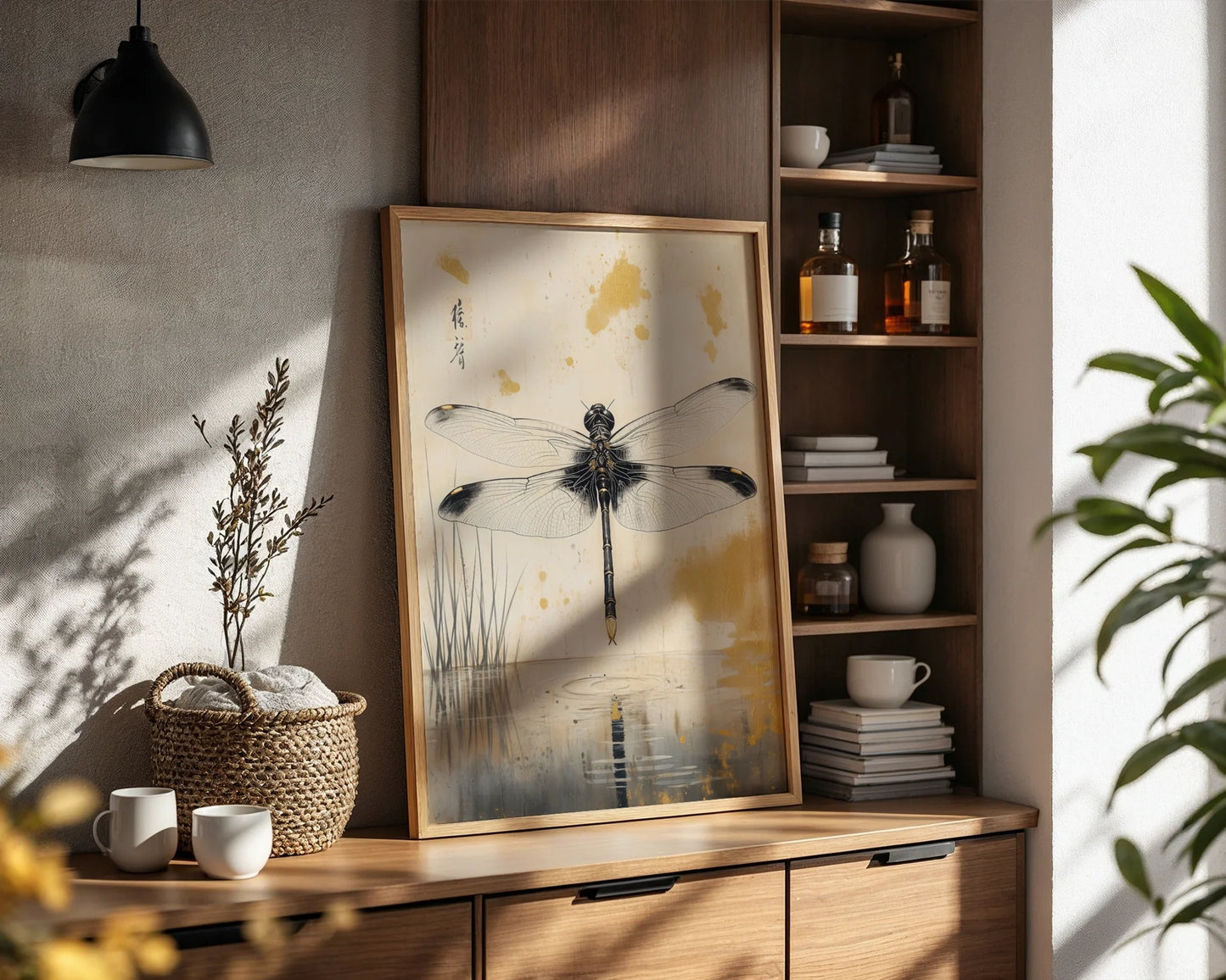 Japanese Dragonfly Art Golden Light Reflection in room