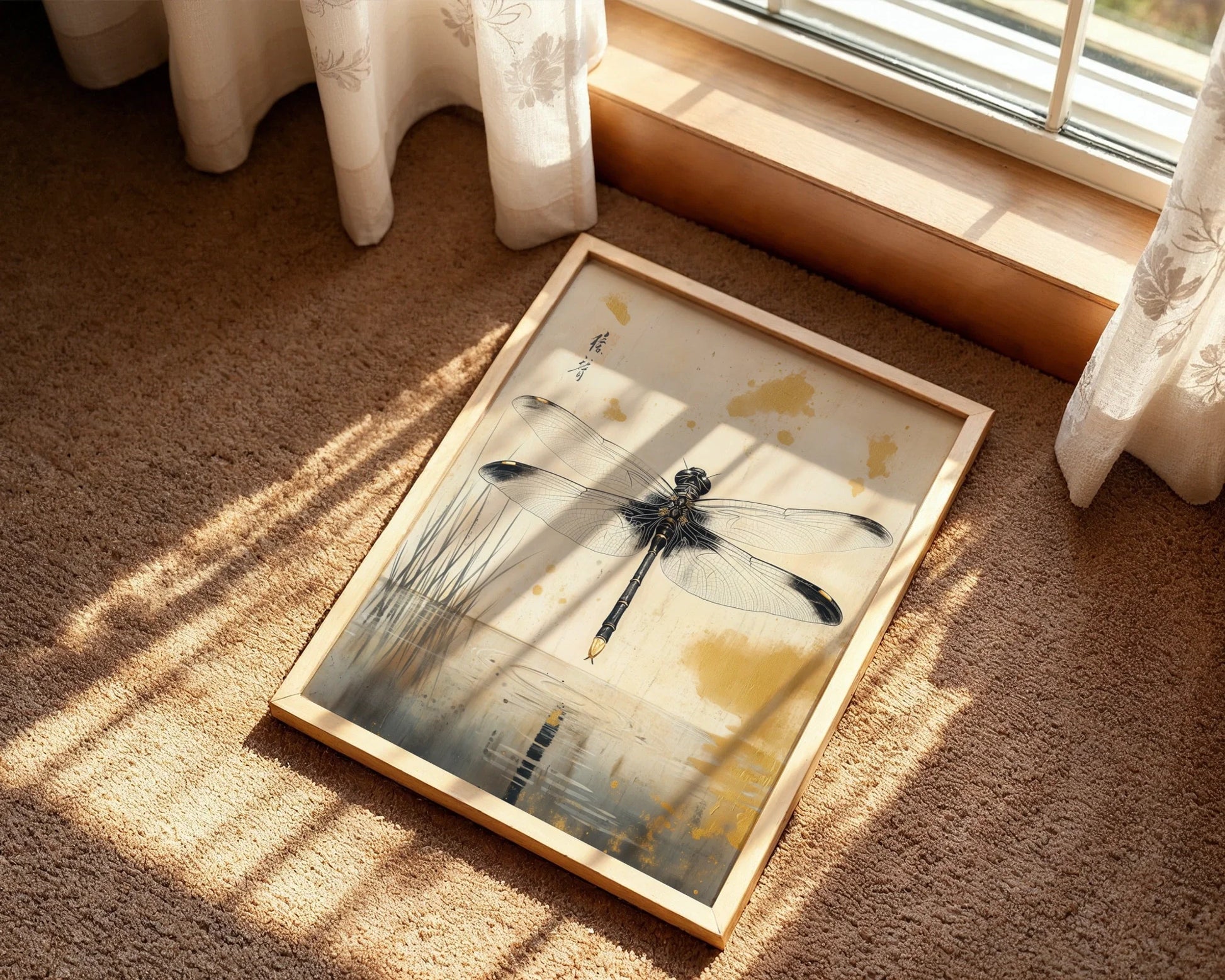 Japanese Dragonfly Art Golden Light Reflection in room