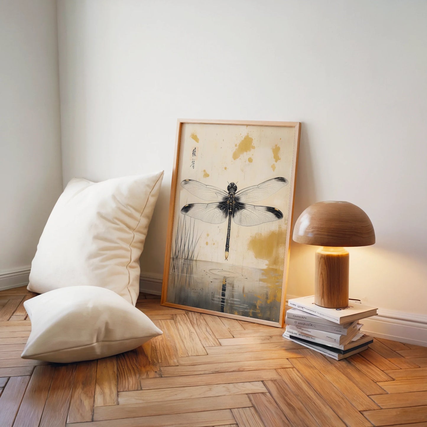 Japanese Dragonfly Art Golden Light Reflection Canvas Wall Art — Contemporary asian-inspired artwork featuring translucent winged insect above calm water reflection