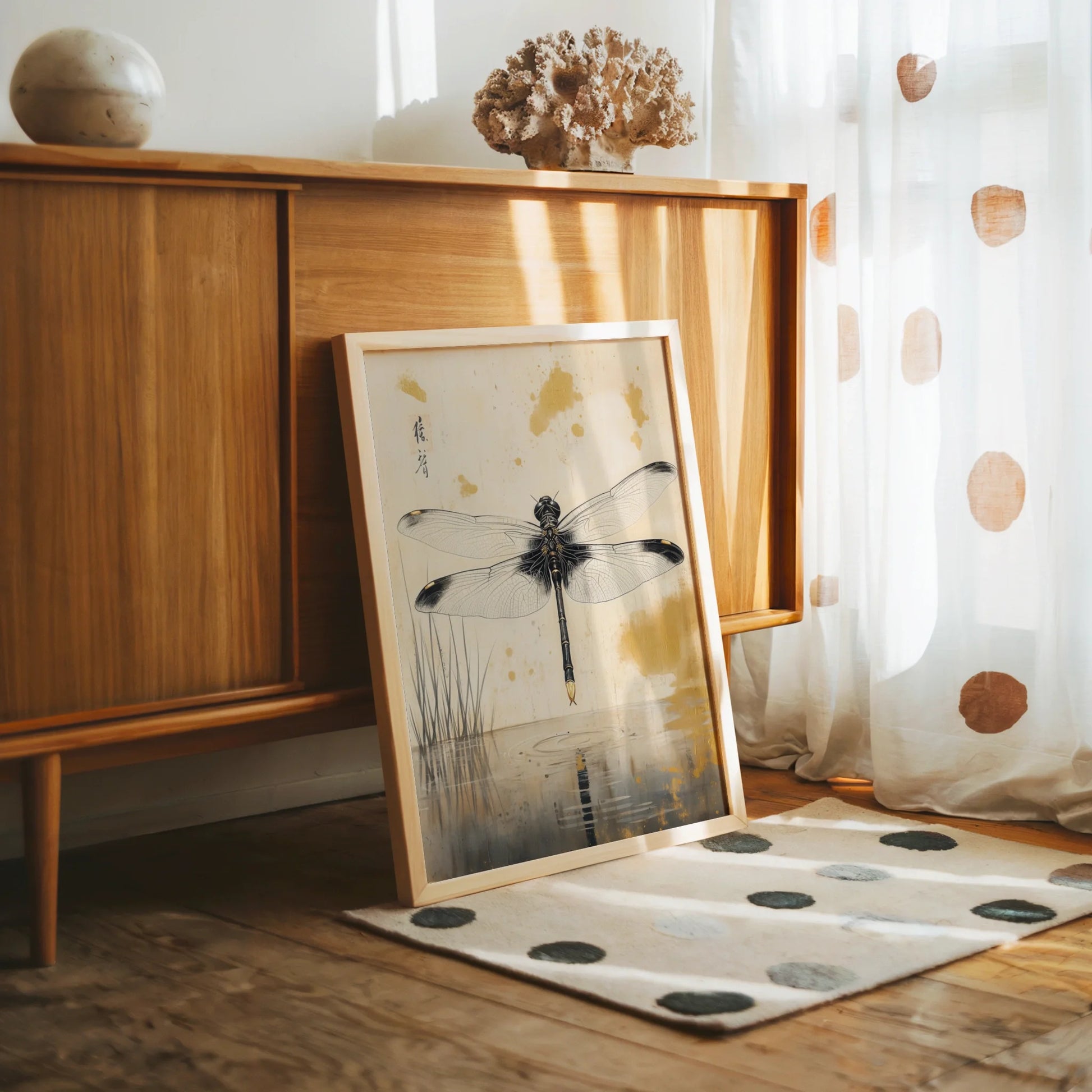 Japanese Dragonfly Art Golden Light Reflection in room