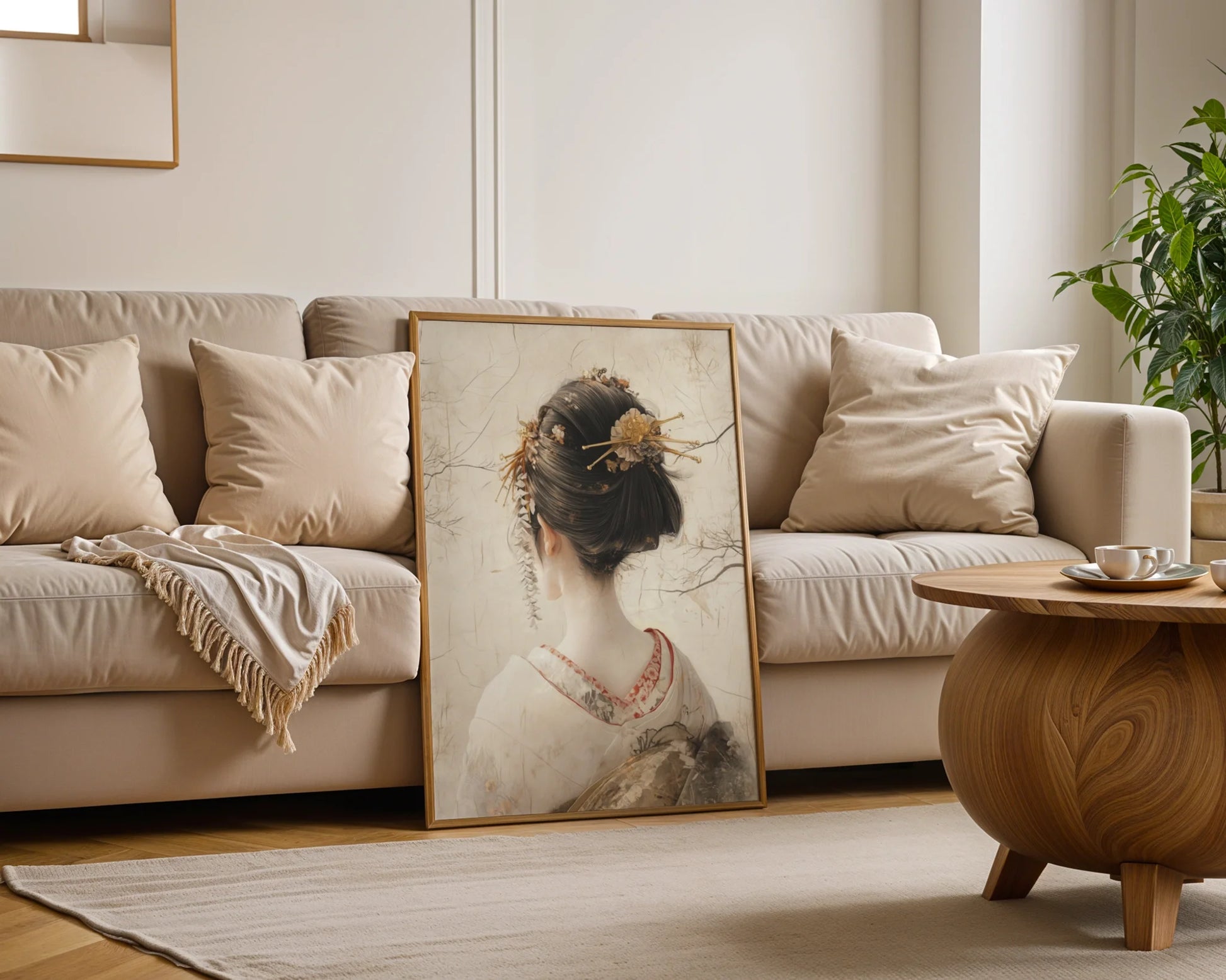 Japanese Geisha Portrait Japandi Style in room