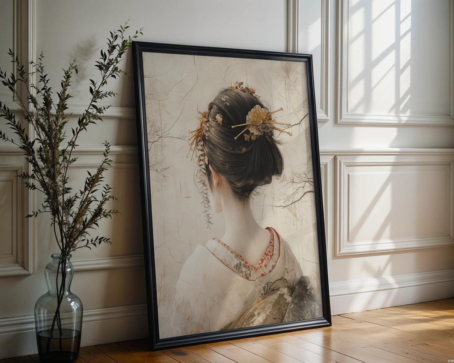 Japanese Geisha Portrait Japandi Style Canvas Wall Art — Wabi-sabi influenced print displaying flowing kimono details in earth-tone color palette