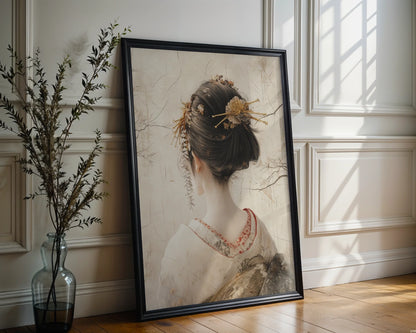 Japanese Geisha Portrait Japandi Style Canvas Wall Art — Wabi-sabi influenced print displaying flowing kimono details in earth-tone color palette