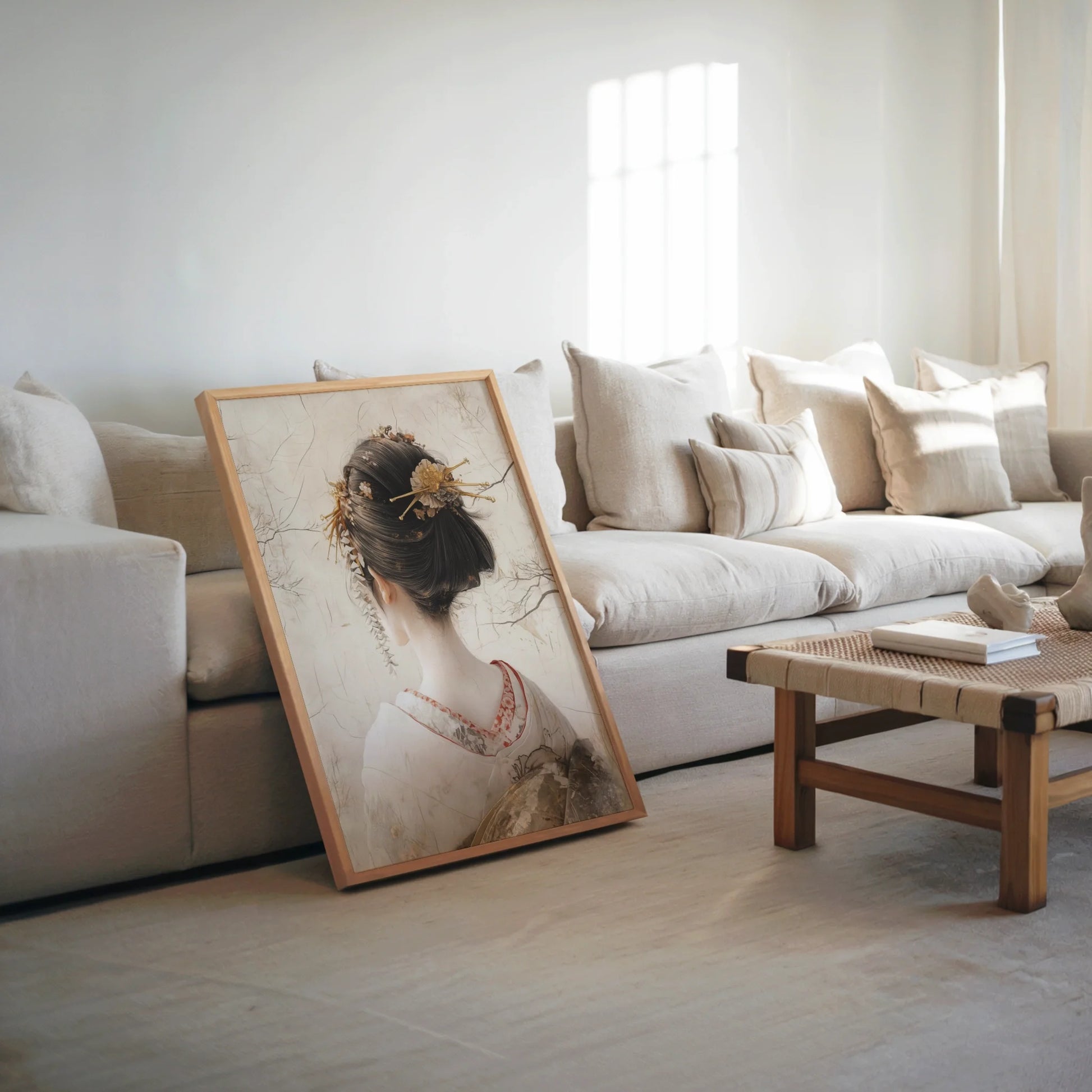 Japanese Geisha Portrait Japandi Style Canvas Wall Art — Oriental-style canvas showing refined lady's profile for sophisticated interior design