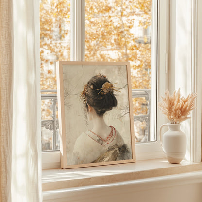 Japanese Geisha Portrait Japandi Style Canvas Wall Art — Ivory and bronze-toned artwork with rice paper texture creates serene focal point for walls