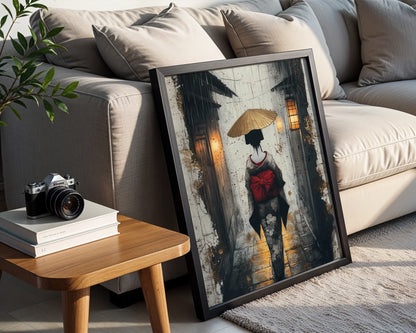 Japanese Geisha Rain Art Japandi Amber Lantern Canvas Wall Art — Minimalist canvas showcasing lone figure in atmospheric pathway for contemporary home decor