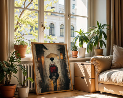 Japanese Geisha Rain Art Japandi Amber Lantern Canvas Wall Art — Oriental-inspired artwork featuring woman amid glowing lights for zen home styling