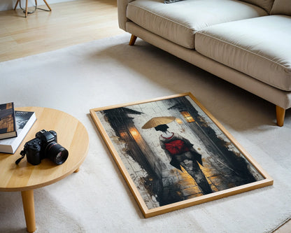 Japanese Geisha Rain Art Japandi Amber Lantern Canvas Wall Art — Serene canvas displaying solitary wanderer in misty corridor for peaceful interior design
