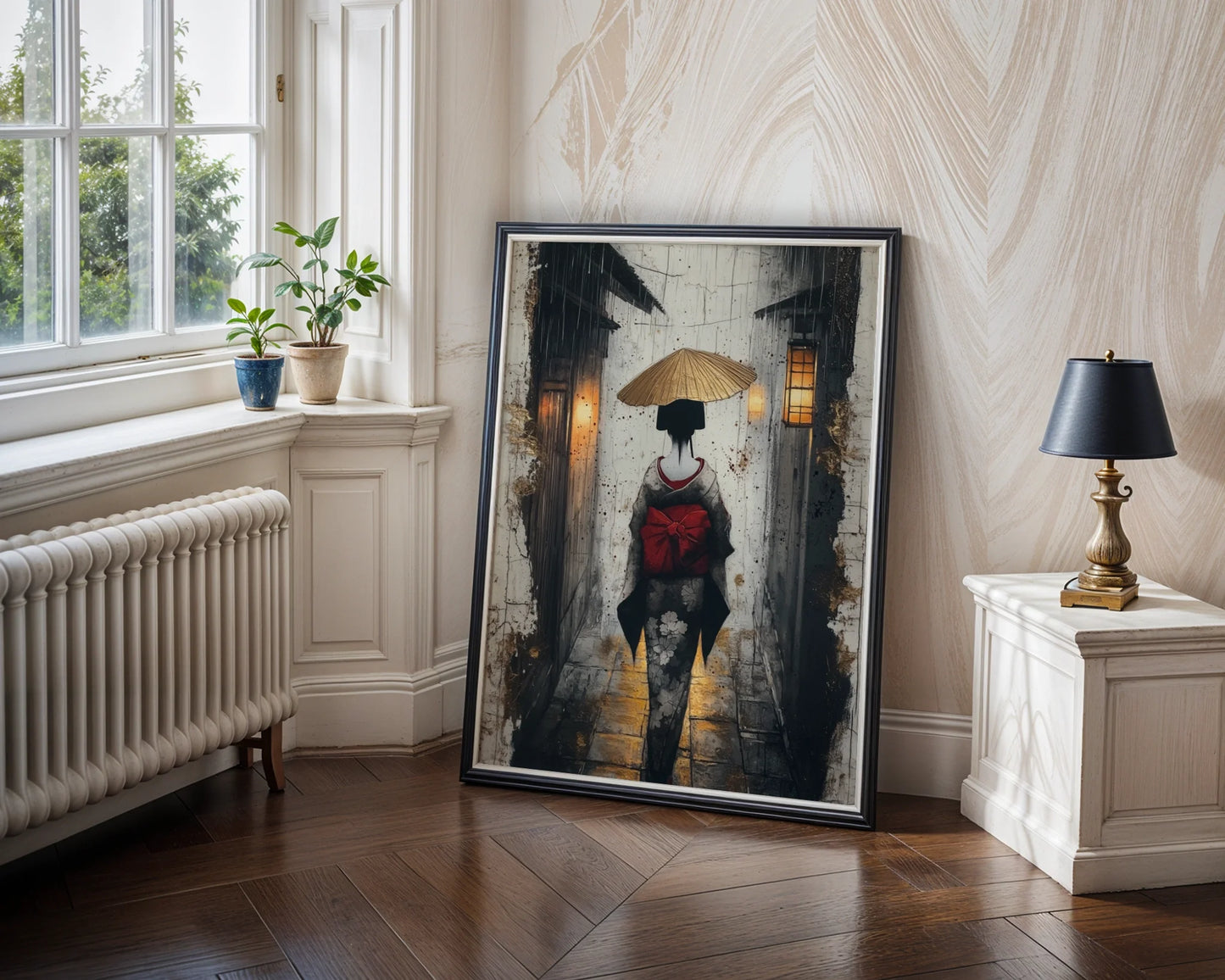 Japanese Geisha Rain Art Japandi Amber Lantern Canvas Wall Art — Eastern-influenced print capturing figure walking through wet cobblestones for modern spaces