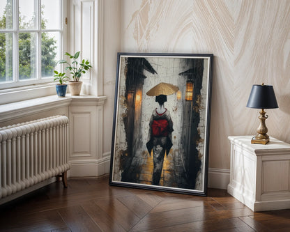 Japanese Geisha Rain Art Japandi Amber Lantern Canvas Wall Art — Eastern-influenced print capturing figure walking through wet cobblestones for modern spaces