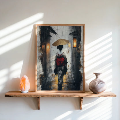 Japanese Geisha Rain Art Japandi Amber Lantern Canvas Wall Art — Tranquil artwork showing graceful silhouette navigating shadowy passage for calm home aesthetics
