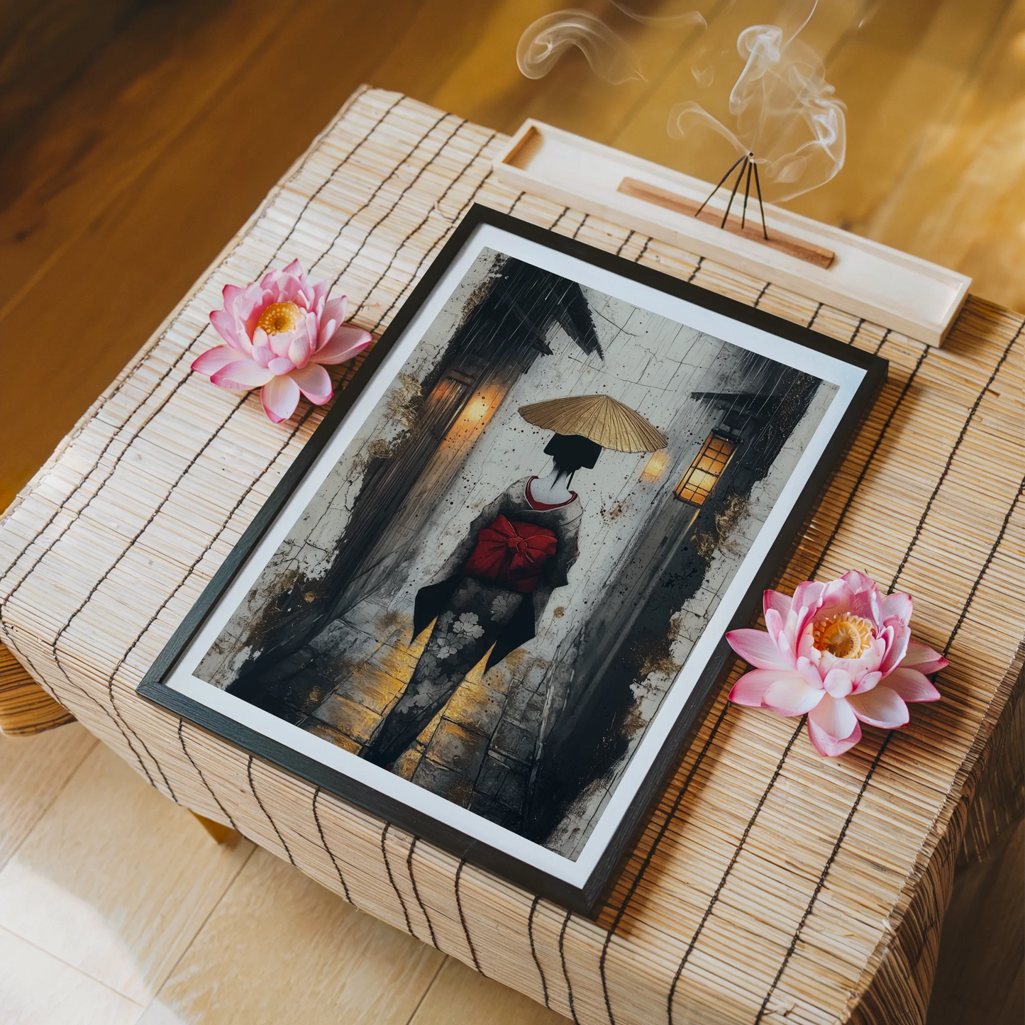 Japanese Geisha Rain Art Japandi Amber Lantern in room