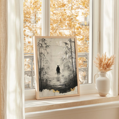 Japanese Samurai Bamboo Forest Mist Silhouette Canvas Wall Art — Eastern-influenced home accent revealing distant warrior form walking misty bamboo trail on vintage canvas