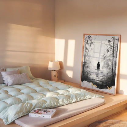 Japanese Samurai Bamboo Forest Mist Silhouette Canvas Wall Art — Warm cream and charcoal artwork showing textured rice paper surface with golden highlights throughout composition
