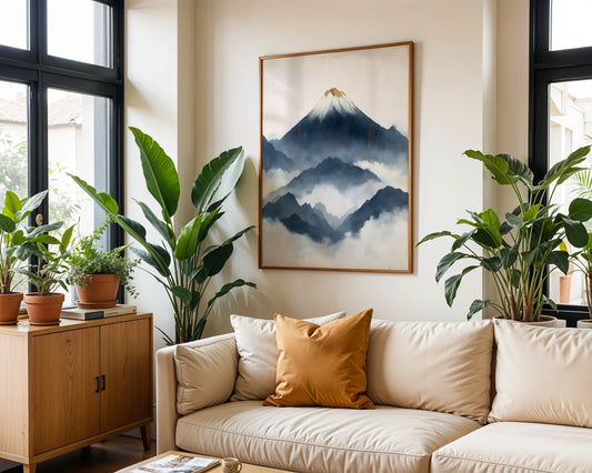 Japanese Mountain Art Layered Fuji Storm Canvas Wall Art — Minimalist bedroom showcasing ethereal mountain landscape with Asian-inspired design and serene peaks
