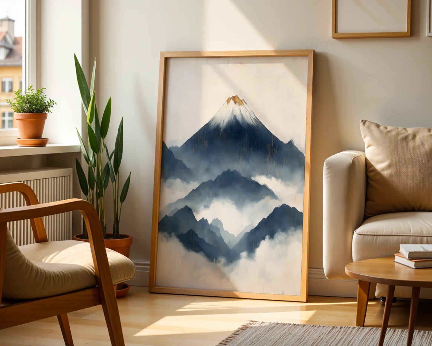 Japanese Mountain Art Layered Fuji Storm Canvas Wall Art — Living room featuring weathered stone-textured artwork depicting foggy mountain ridges in natural tones