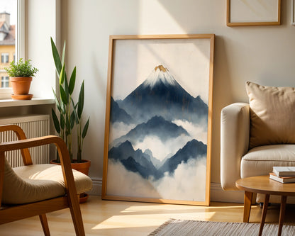Japanese Mountain Art Layered Fuji Storm Canvas Wall Art — Living room featuring weathered stone-textured artwork depicting foggy mountain ridges in natural tones