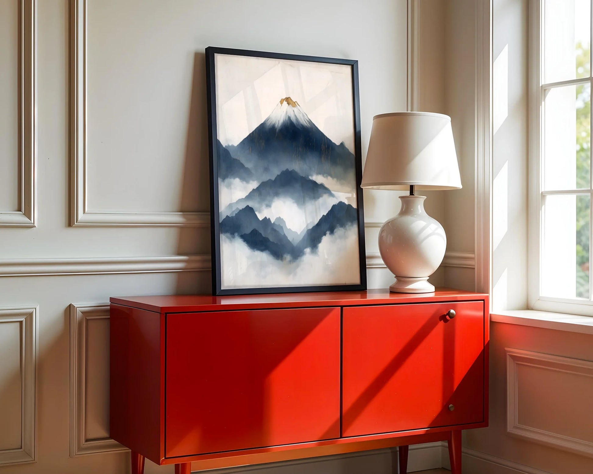 Japanese Mountain Art Layered Fuji Storm Canvas Wall Art — Dining area displaying traditional oriental landscape with golden sunrise breaking through cloudy ridges