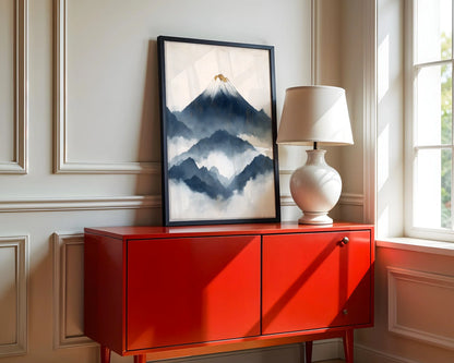 Japanese Mountain Art Layered Fuji Storm Canvas Wall Art — Dining area displaying traditional oriental landscape with golden sunrise breaking through cloudy ridges