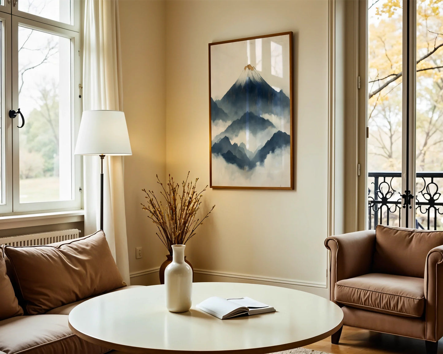 Japanese Mountain Art Layered Fuji Storm Canvas Wall Art — Modern apartment wall featuring tranquil peak artwork with organic textures for contemporary interiors