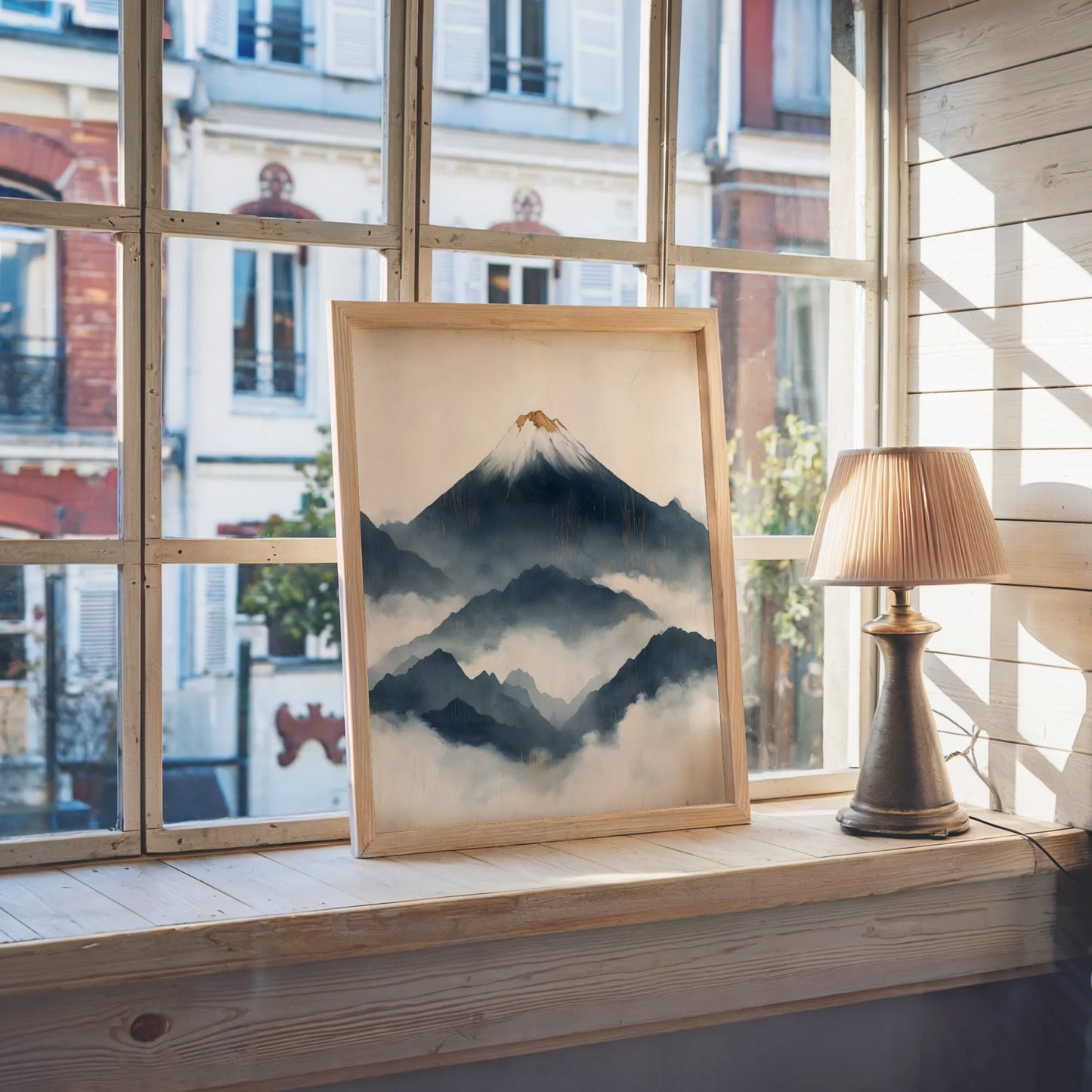 Japanese Mountain Art Layered Fuji Storm Canvas Wall Art — Scandinavian living space with Eastern-influenced landscape showing foggy summit views in soft hues