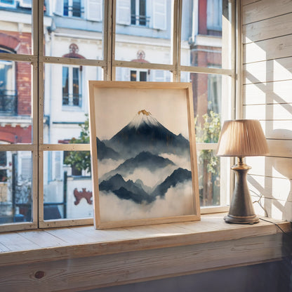 Japanese Mountain Art Layered Fuji Storm Canvas Wall Art — Scandinavian living space with Eastern-influenced landscape showing foggy summit views in soft hues