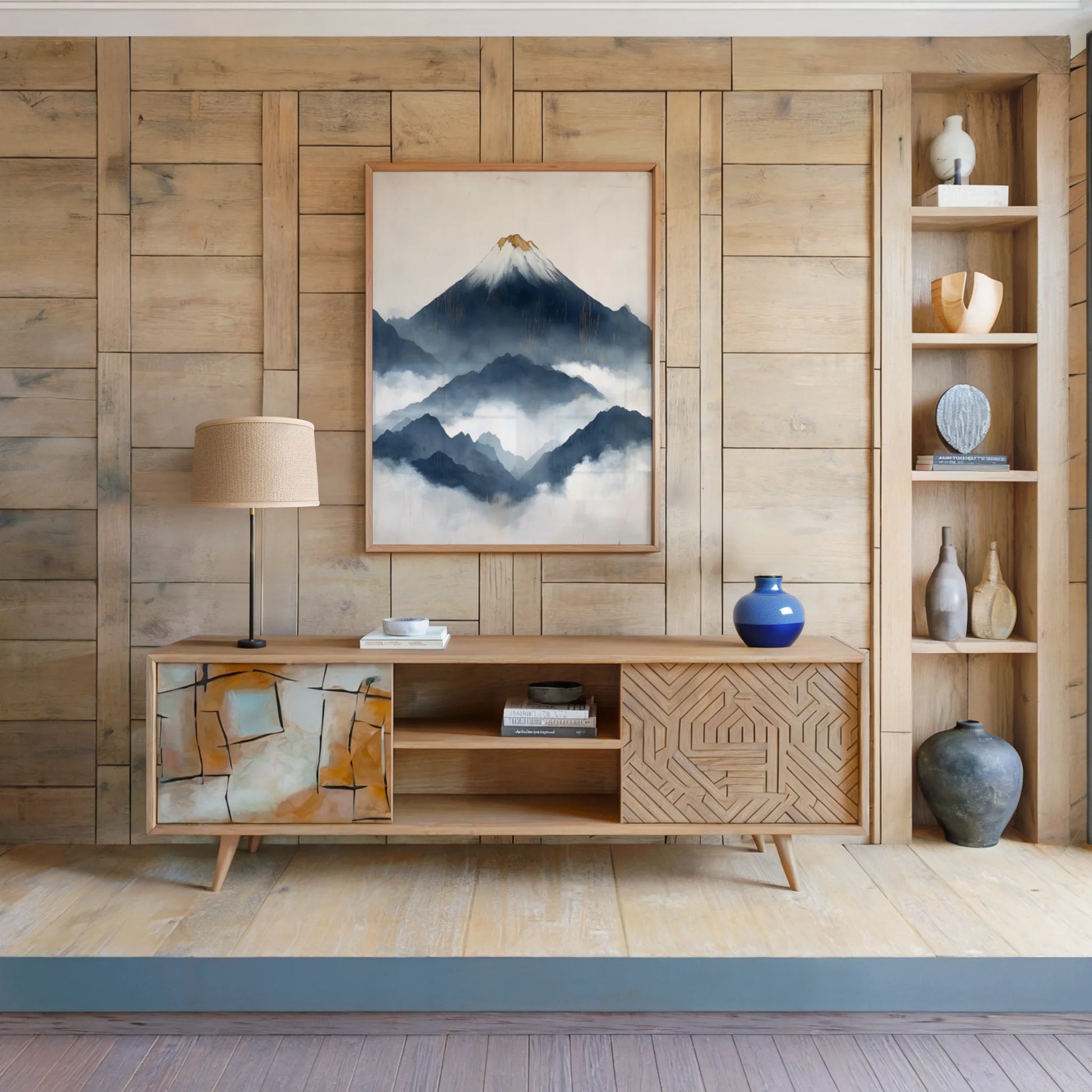 Japanese Mountain Art Layered Fuji Storm Canvas Wall Art — Charcoal and cream mountain artwork with brushed texture displayed in neutral contemporary setting