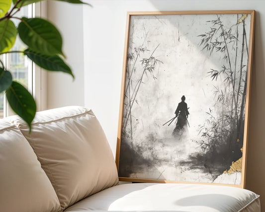 Japanese Samurai Silhouette Bamboo Forest Mist Canvas Wall Art — Scandinavian styled living room showcasing modern Japanese wall art with lone fighter in bamboo grove