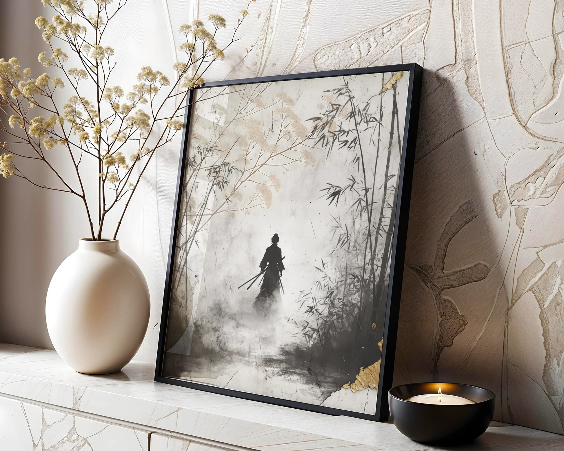 Japanese Samurai Silhouette Bamboo Forest Mist Canvas Wall Art — Contemporary home interior featuring minimalist Asian artwork displaying shadowy figure among tall grass