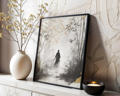 Japanese Samurai Silhouette Bamboo Forest Mist Canvas Wall Art — Contemporary home interior featuring minimalist Asian artwork displaying shadowy figure among tall grass