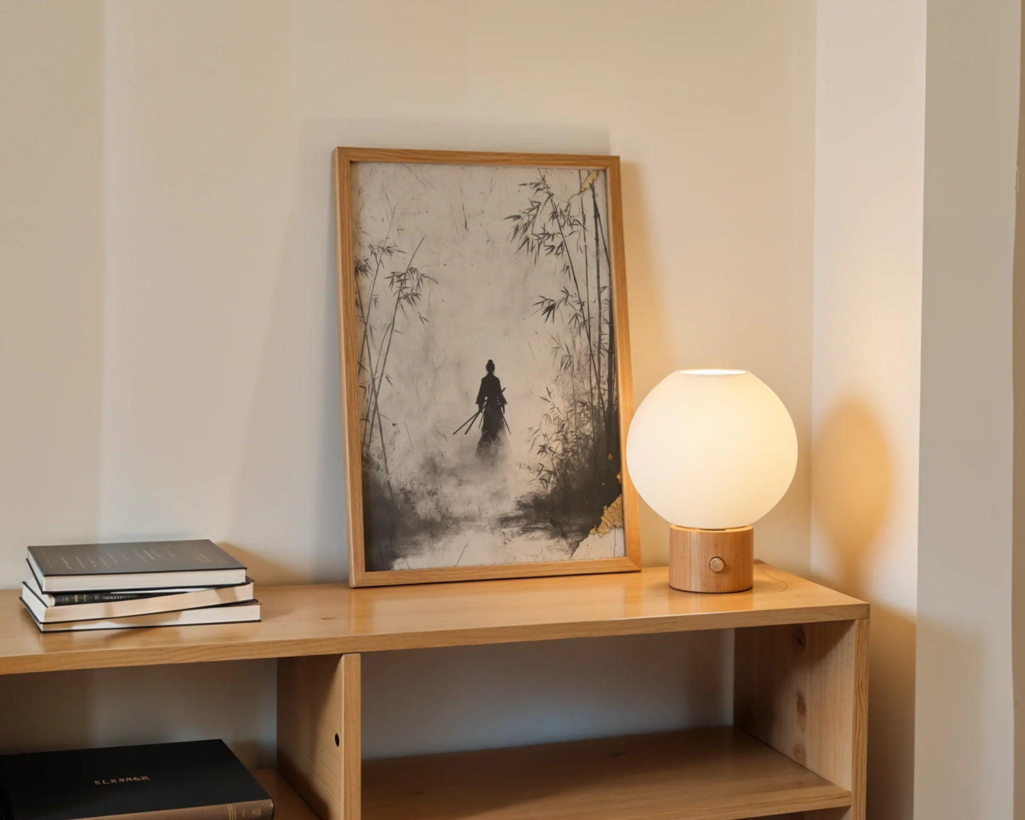 Japanese Samurai Silhouette Bamboo Forest Mist Canvas Wall Art — Clean Nordic decor enhanced by serene canvas depicting mysterious swordsman in hazy woodland scene
