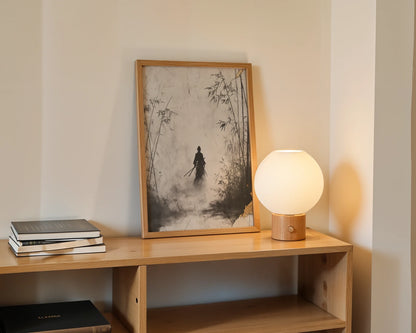 Japanese Samurai Silhouette Bamboo Forest Mist Canvas Wall Art — Clean Nordic decor enhanced by serene canvas depicting mysterious swordsman in hazy woodland scene