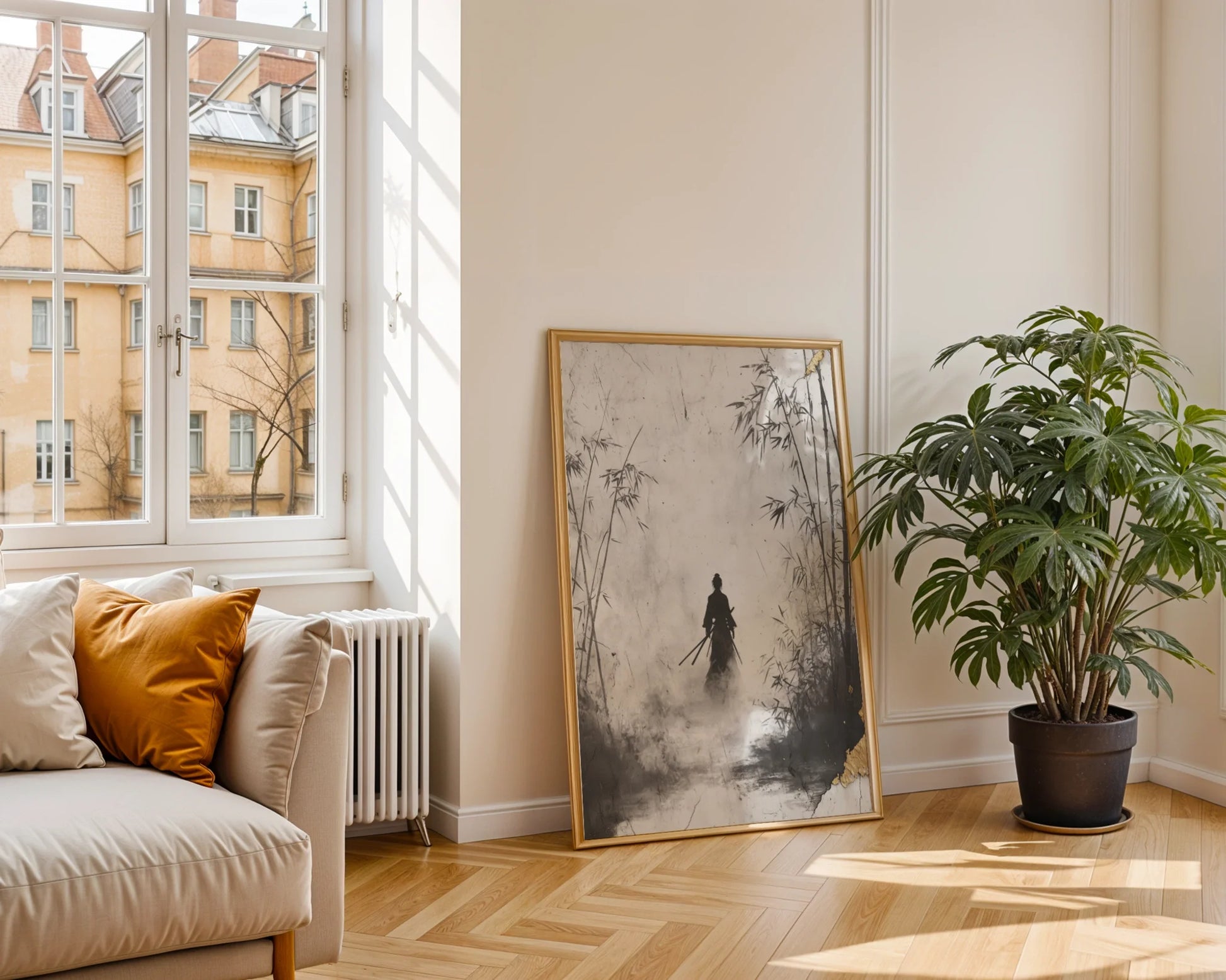 Japanese Samurai Silhouette Bamboo Forest Mist Canvas Wall Art — Tranquil Japanese-inspired wall art adds organic simplicity to neutral modern home styling