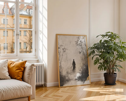 Japanese Samurai Silhouette Bamboo Forest Mist Canvas Wall Art — Tranquil Japanese-inspired wall art adds organic simplicity to neutral modern home styling