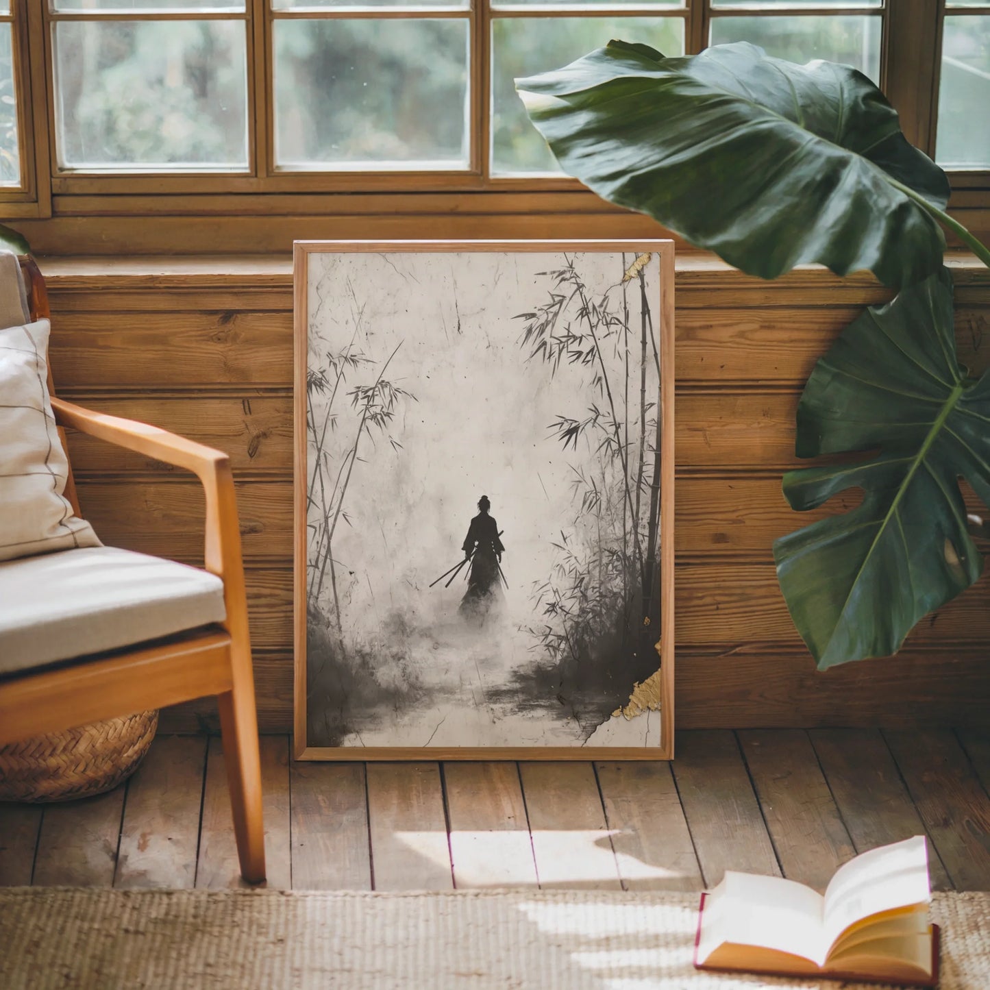 Japanese Samurai Silhouette Bamboo Forest Mist Canvas Wall Art — Eastern influenced canvas print brings meditative calm to contemporary minimalist interior design