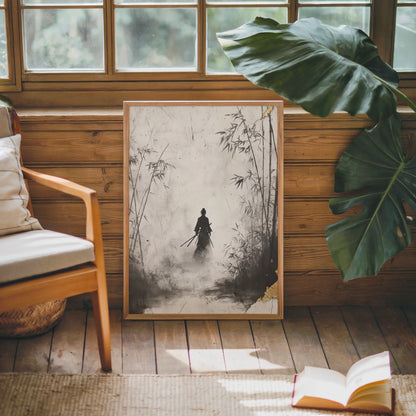 Japanese Samurai Silhouette Bamboo Forest Mist Canvas Wall Art — Eastern influenced canvas print brings meditative calm to contemporary minimalist interior design