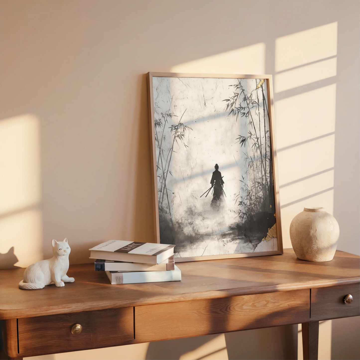 Japanese Samurai Silhouette Bamboo Forest Mist Canvas Wall Art — Soft cream and charcoal tones create weathered paper texture in this contemplative wall piece