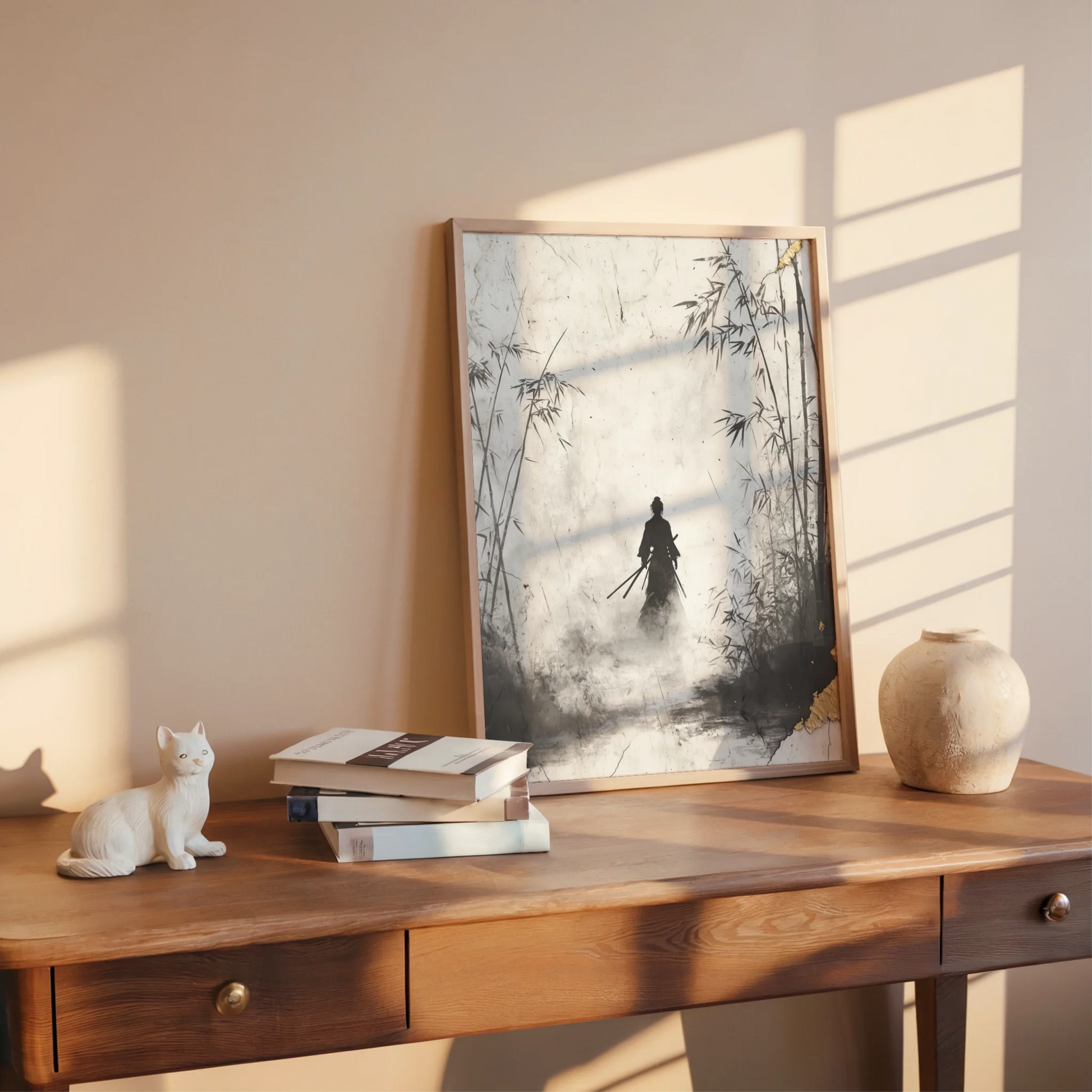 Japanese Samurai Silhouette Bamboo Forest Mist Canvas Wall Art — Soft cream and charcoal tones create weathered paper texture in this contemplative wall piece