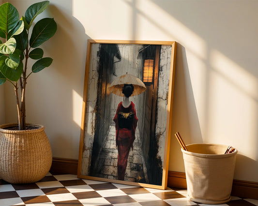 Geisha Rain Art Japandi Stone Passage Canvas Wall Art — Minimalist wall art showing lone figure walking through misty courtyard for Scandinavian home decor