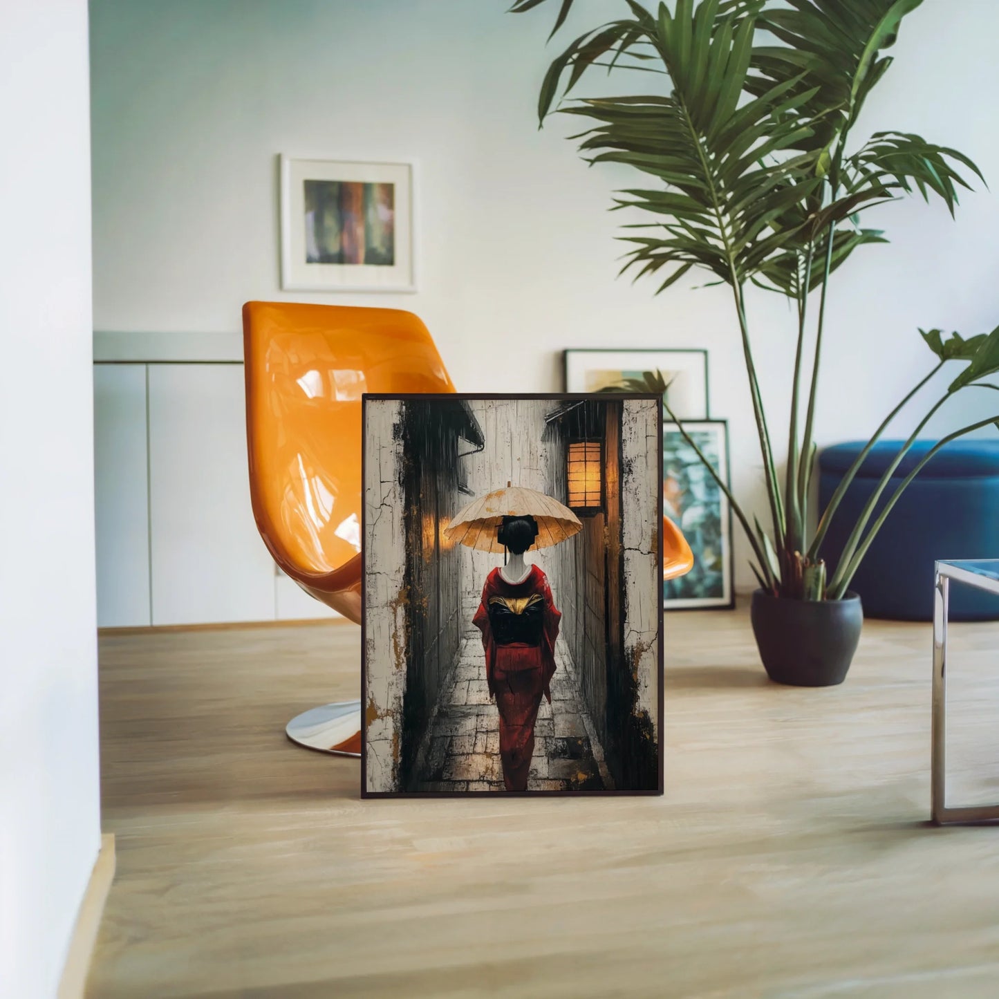 Geisha Rain Art Japandi Stone Passage Canvas Wall Art — Rich copper-toned canvas with textured stonework and glowing windows for warm interior palettes