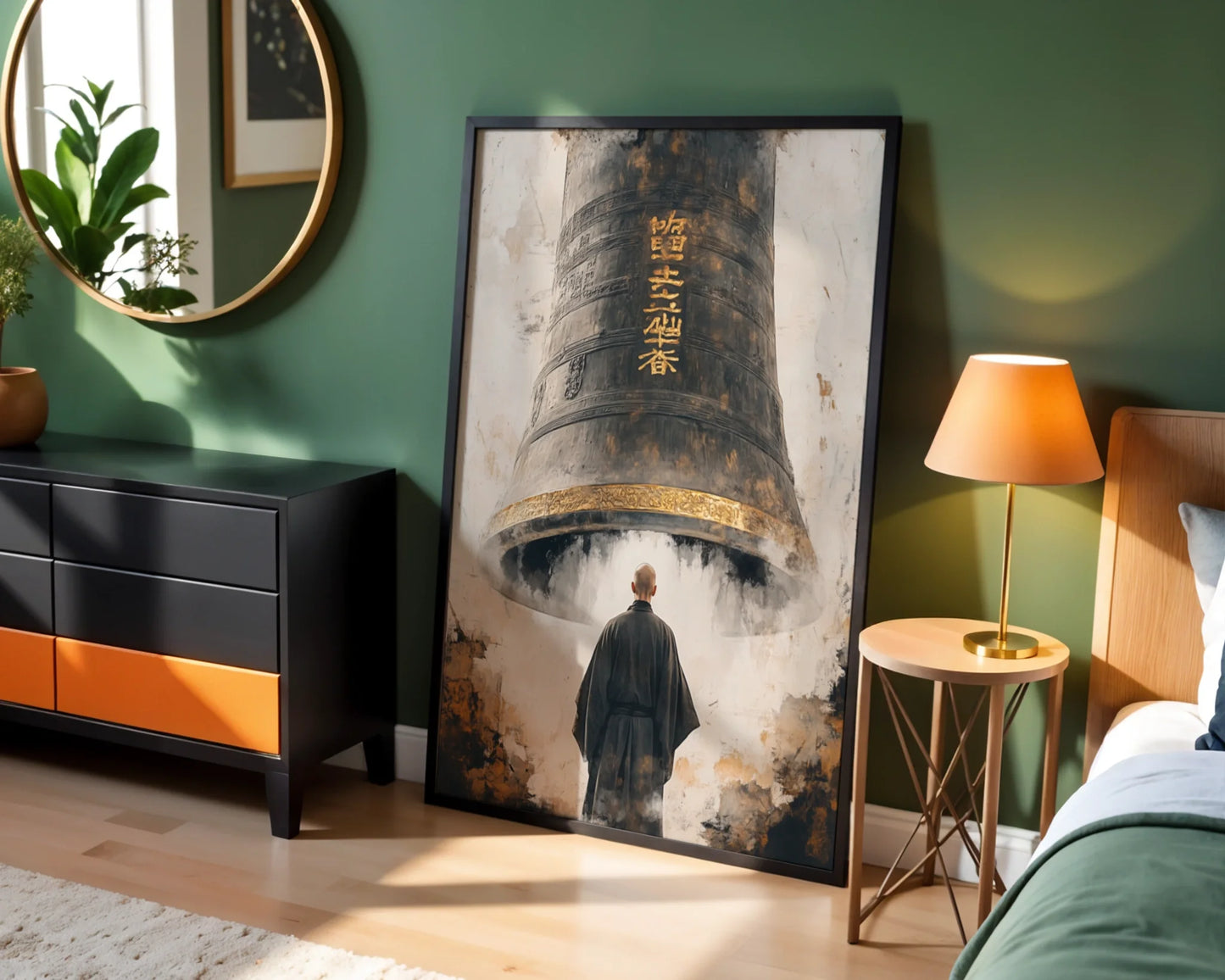 Buddhist Temple Bell Art Japandi Monk in room