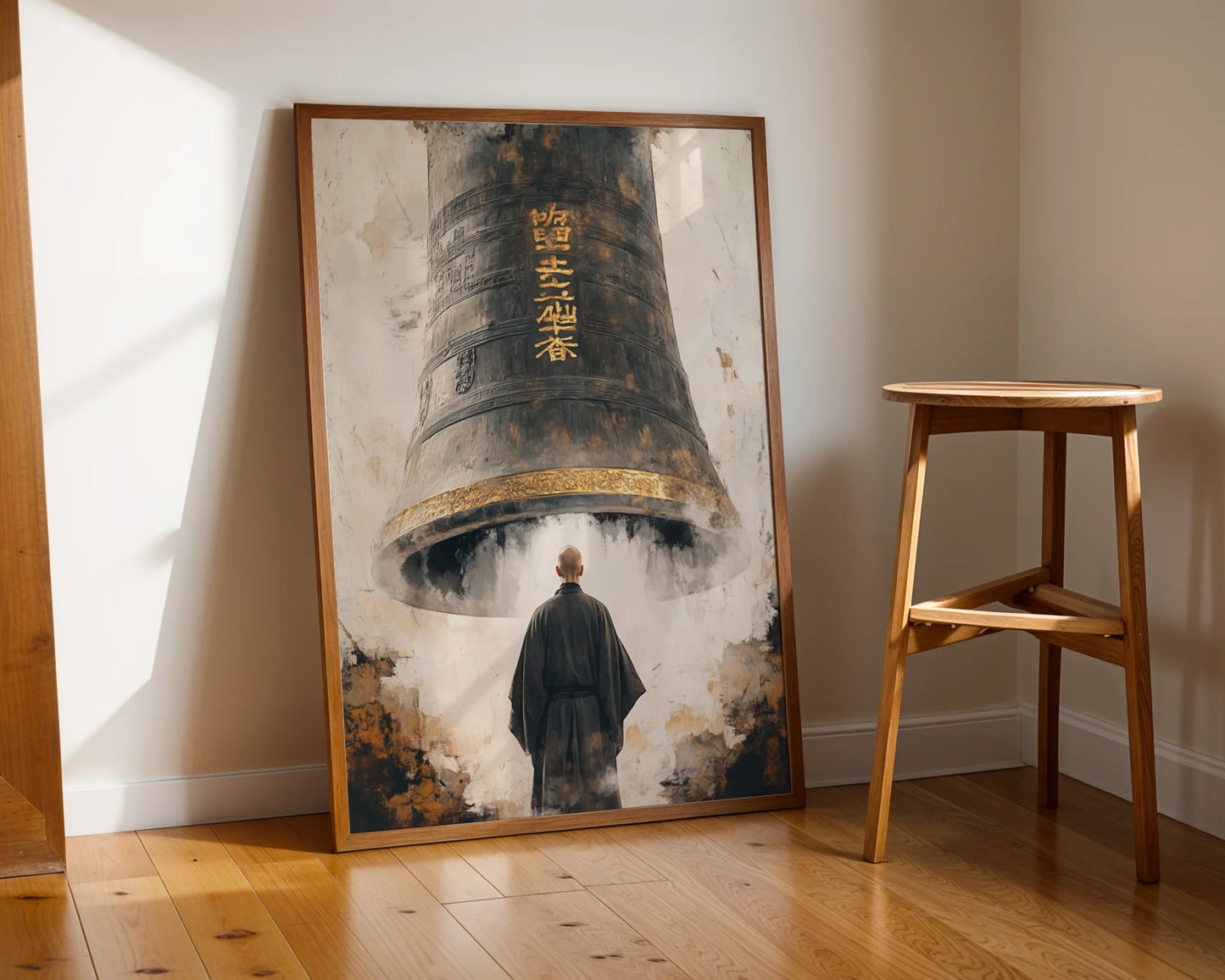 Buddhist Temple Bell Art Japandi Monk in room