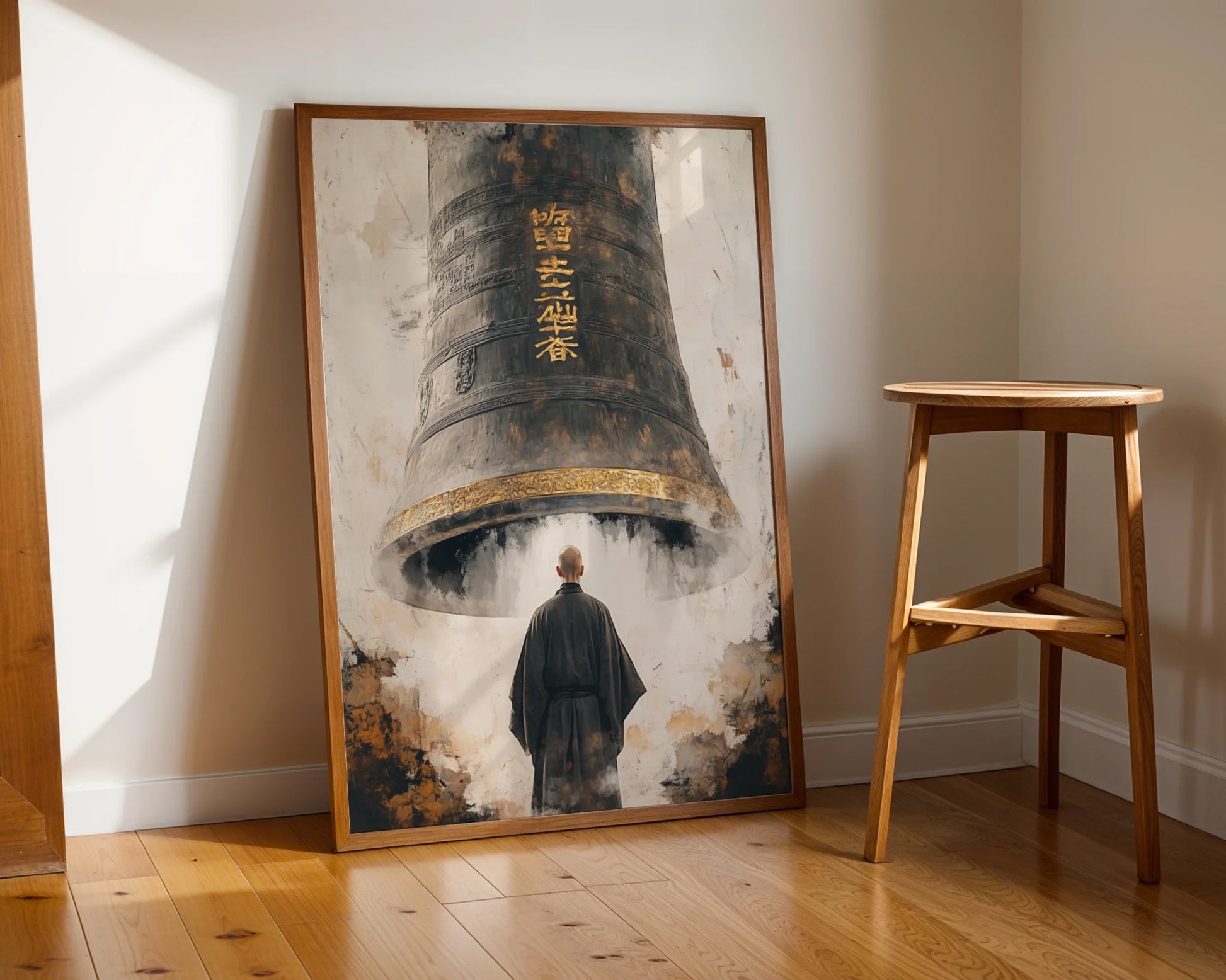 Buddhist Temple Bell Art Japandi Monk in room