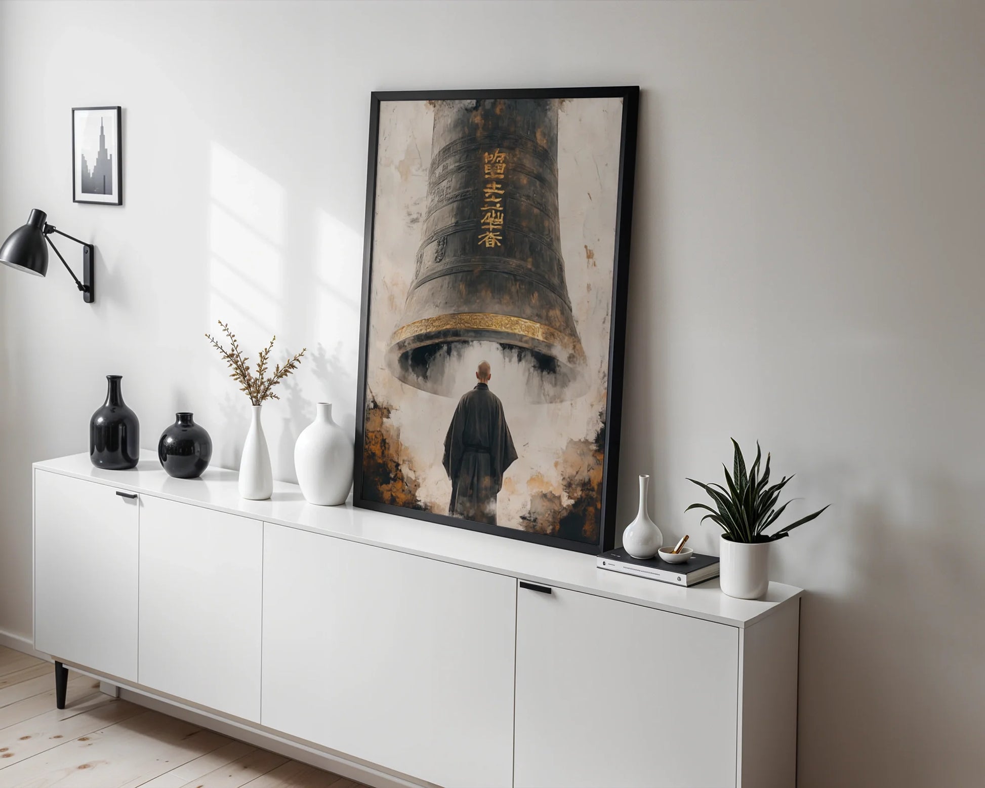 Buddhist Temple Bell Art Japandi Monk Canvas Wall Art — Natural wabi-sabi canvas showcases contemplative monastery scene for organic modern decorating