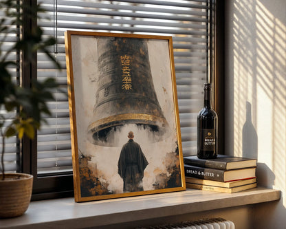 Buddhist Temple Bell Art Japandi Monk Canvas Wall Art — Eastern-inspired wall art depicts quiet temple moment with weathered elements for zen interiors