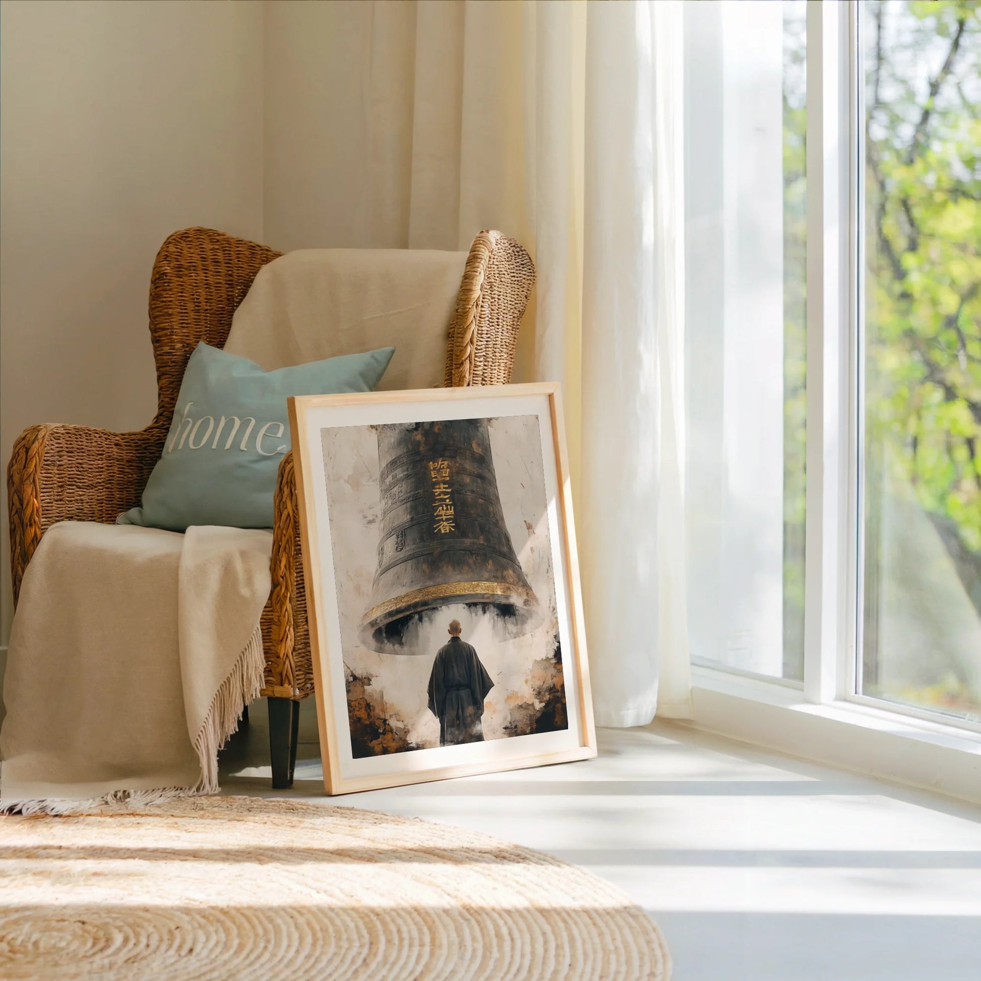 Buddhist Temple Bell Art Japandi Monk Canvas Wall Art — Clean Scandinavian-Asian fusion piece shows meditative figure for balanced contemporary spaces
