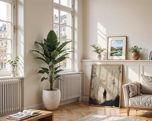 Japanese Bamboo Forest Samurai Silhouette Japandi Canvas Wall Art — Tranquil Japanese-inspired canvas showcasing ethereal warrior figure amid towering stalks for zen home decor