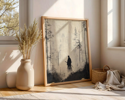 Japanese Bamboo Forest Samurai Silhouette Japandi Canvas Wall Art — Rustic Japanese canvas art showing weathered warrior walking through peaceful grove for imperfect home aesthetics